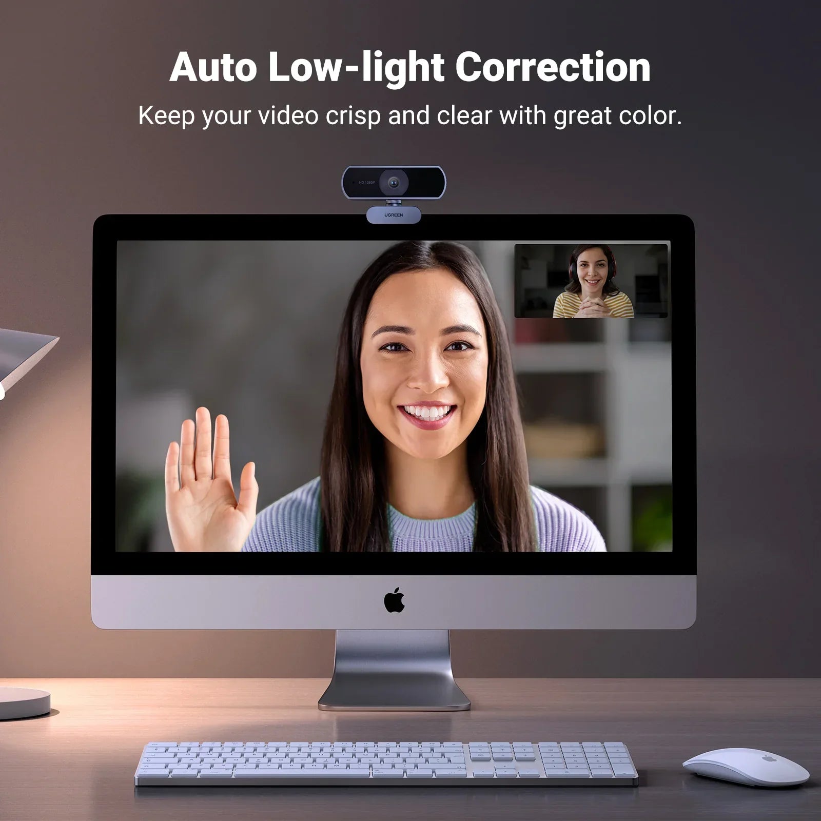 Black 1080P HD USB webcam with dual microphones clipped onto a computer monitor. — view 4