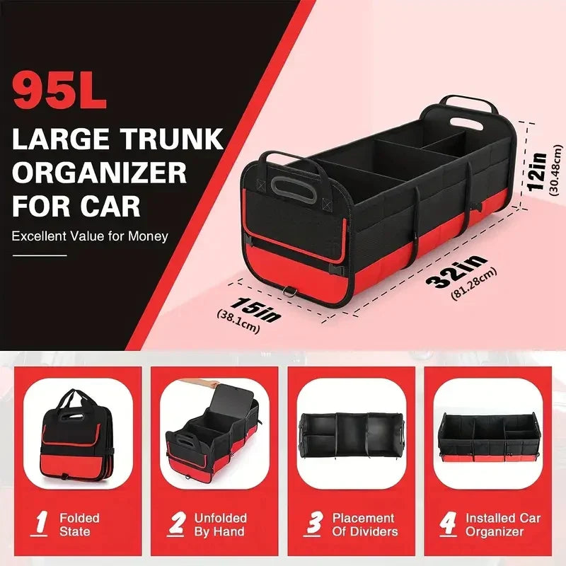 Large black 95L collapsible car trunk organizer bag with multiple compartments for SUVs and sedans — view 3