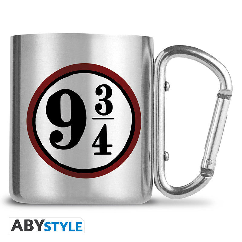Harry Potter Platform 9 3/4 carabiner travel mug attached to an outdoor backpack strap