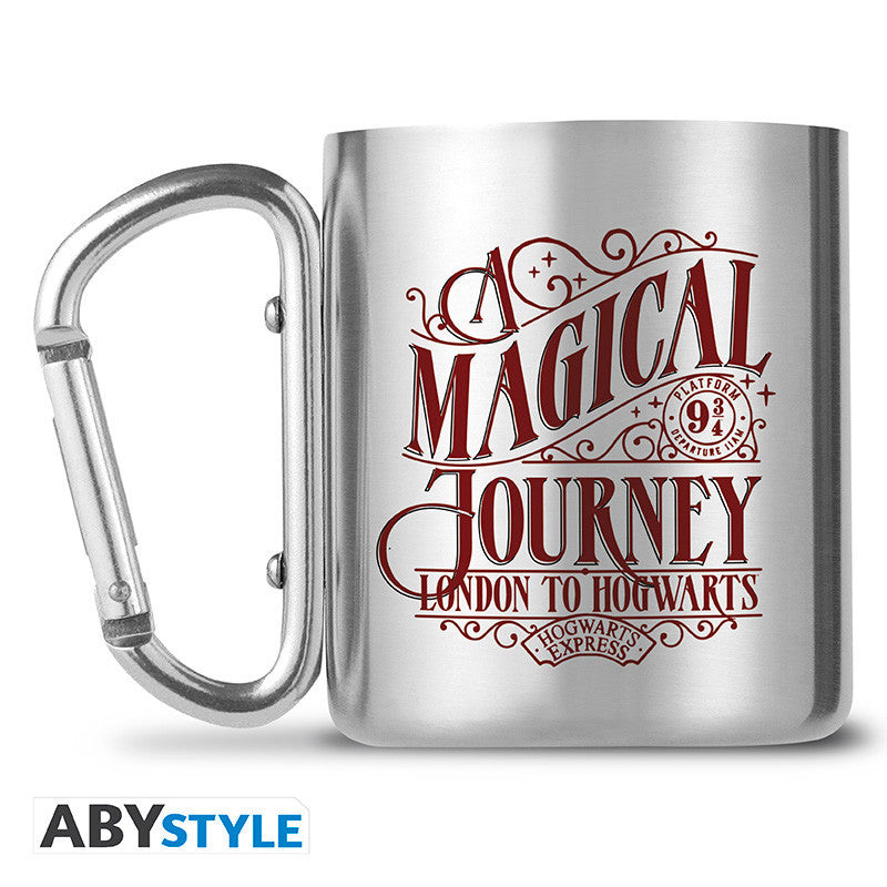 Harry Potter Platform 9 3/4 carabiner travel mug attached to an outdoor backpack strap — view 2