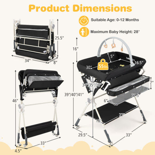 Black foldable baby changing table station with storage bag, bottom shelf, and wheels. — view 3