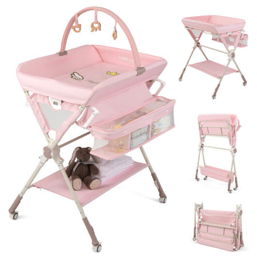 Black foldable baby changing table station with storage bag, bottom shelf, and wheels. — view 5