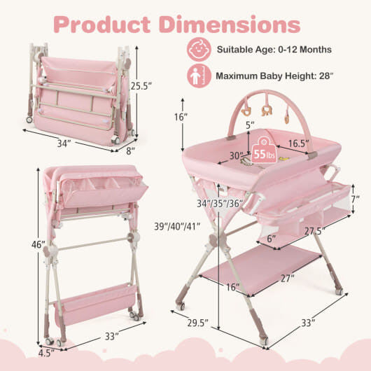Black foldable baby changing table station with storage bag, bottom shelf, and wheels. — view 8