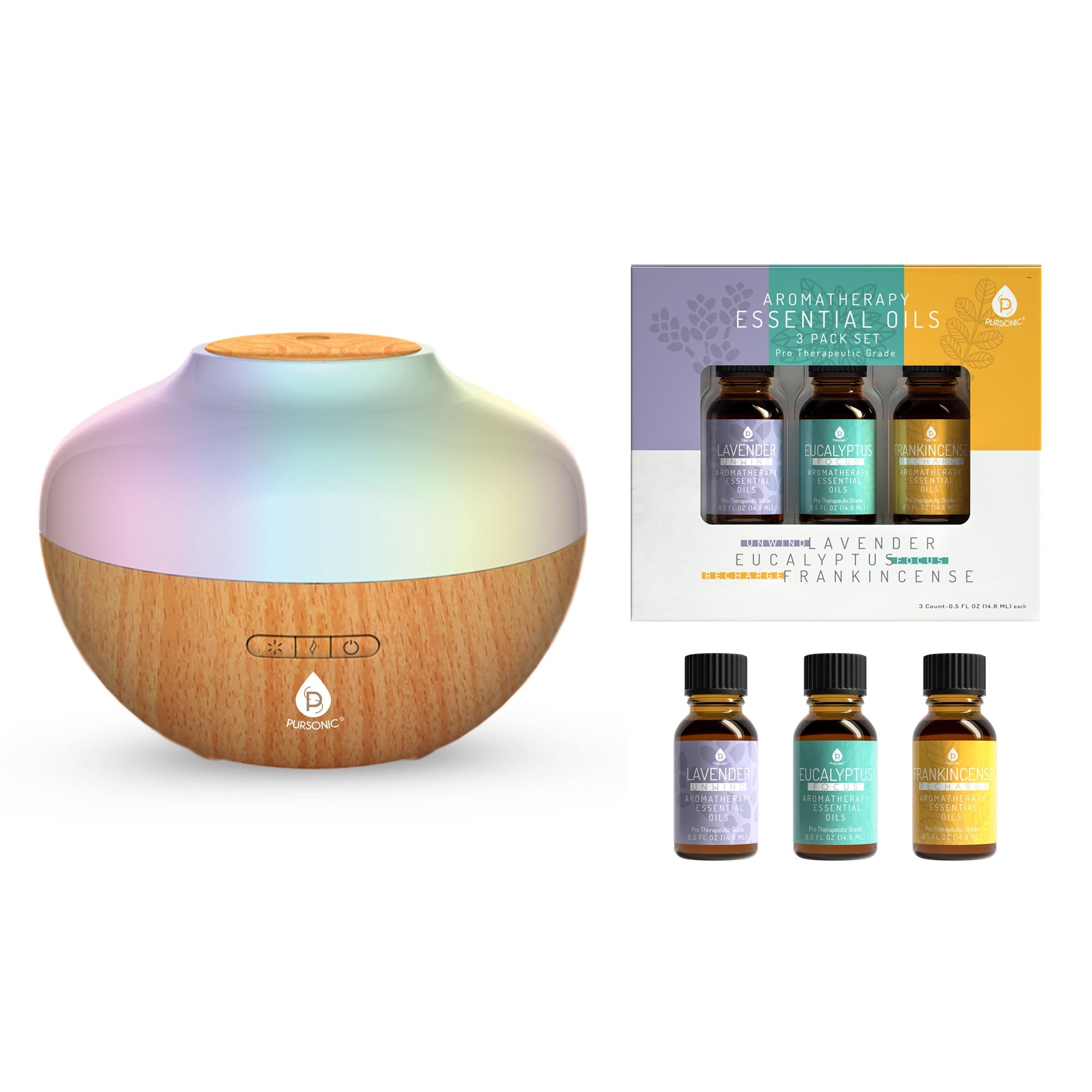 Aromatherapy diffuser and essential oil set with three bottles of oils and an illuminated mist