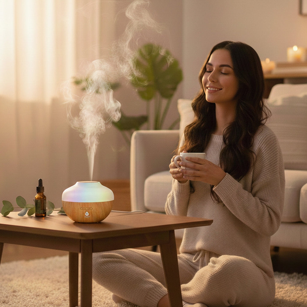 Portable essential oil aroma diffuser with color changing LED lights emitting a fine mist — view 3