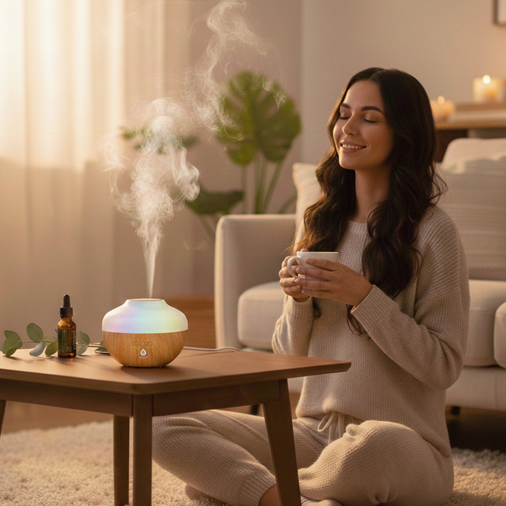 Portable essential oil aroma diffuser with color changing LED lights emitting a fine mist — view 3