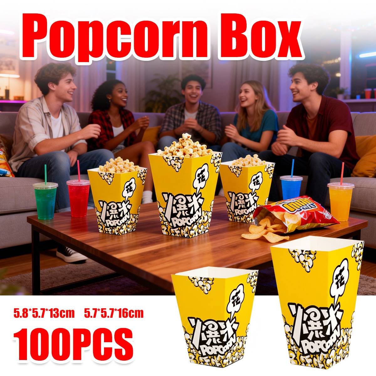 Vibrant yellow party popcorn boxes with black and white cartoon graphics for mess-free snacking