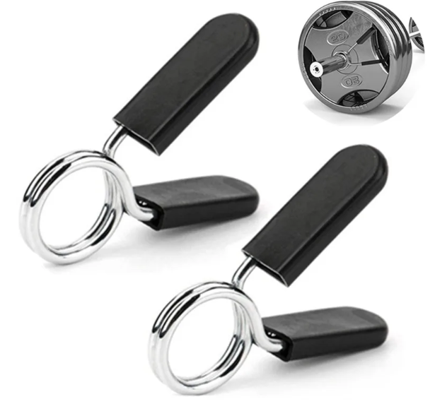 Barbell collar clips in silver and black solid steel with ergonomic rubber grip handles