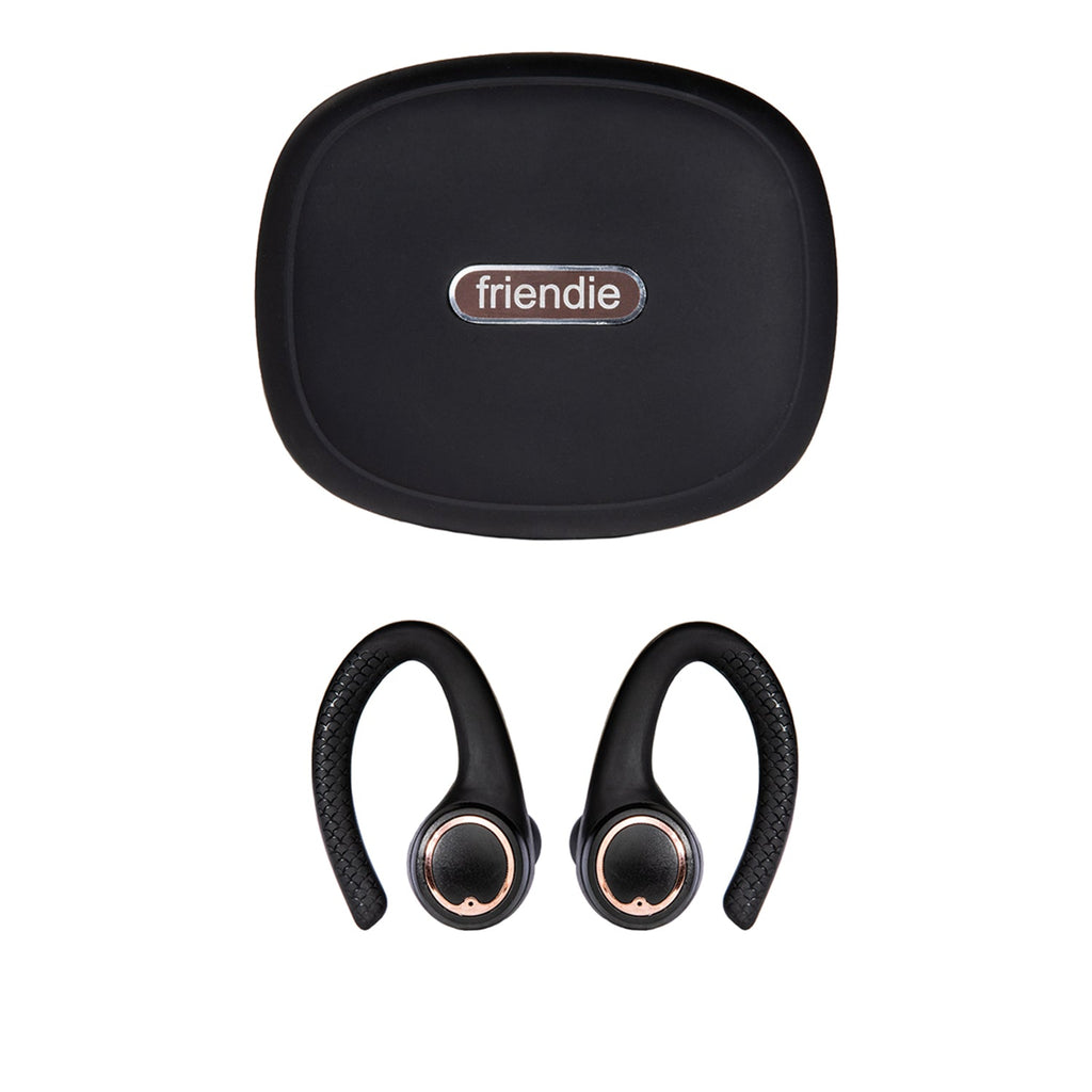 Matte black and rose gold wireless sport earbuds with protective charging case and silicone earhooks. — view 3