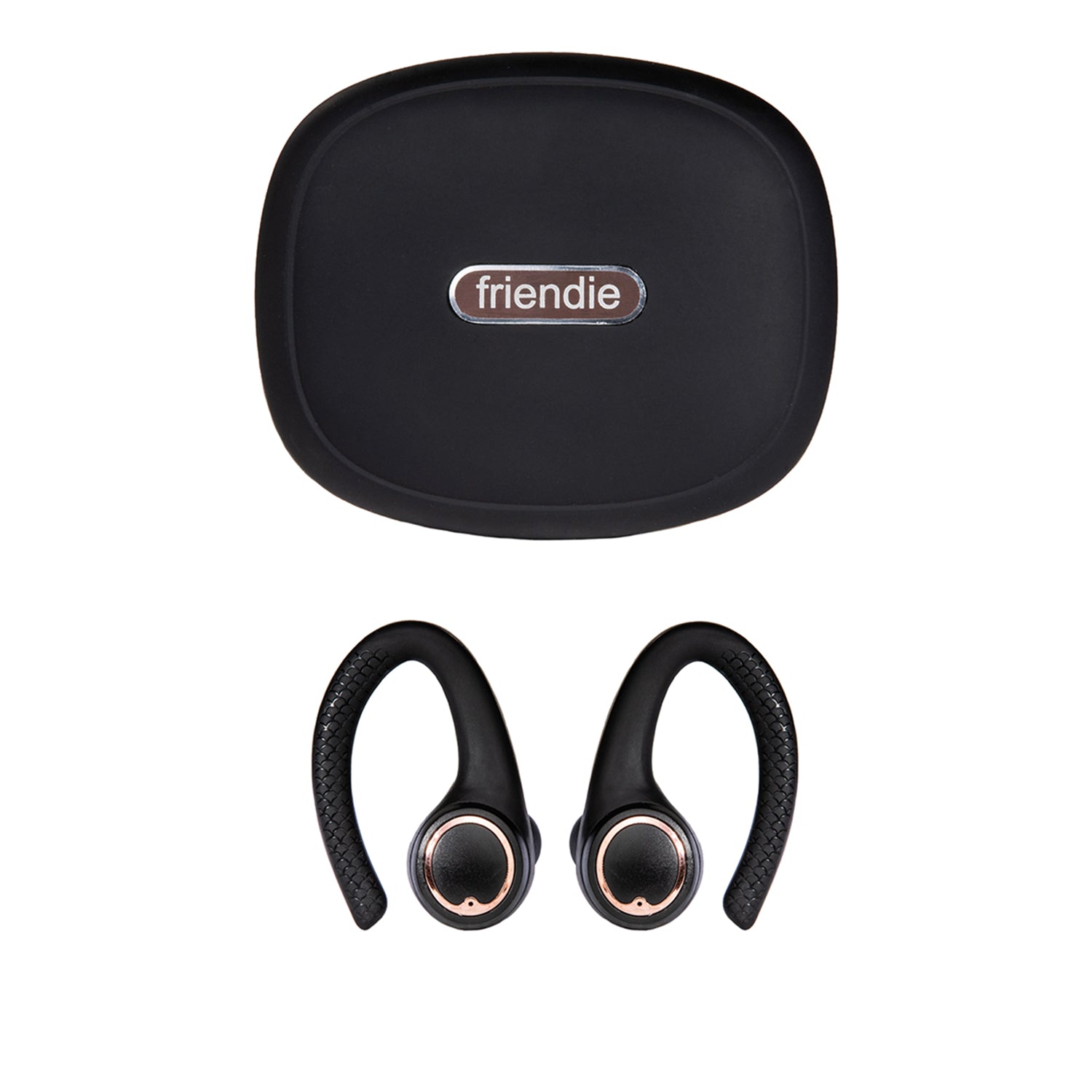 Matte black and rose gold wireless sport earbuds with protective charging case and silicone earhooks. — view 3