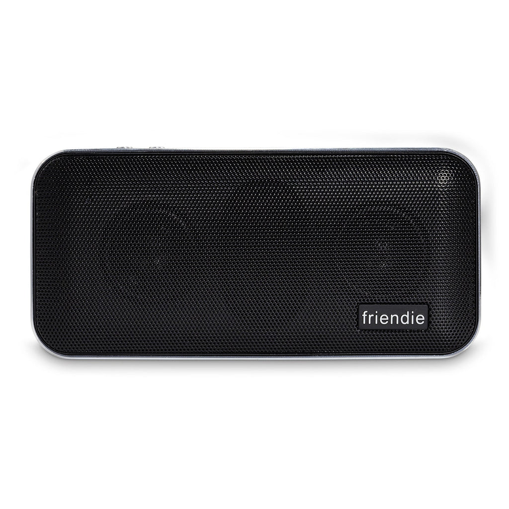Portable wireless speaker and powerbank in onyx black brushed aluminium and soft vegan leather finish