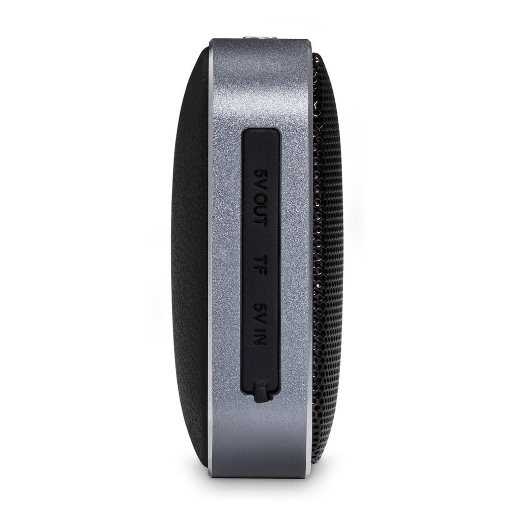 Portable wireless speaker and powerbank in onyx black brushed aluminium and soft vegan leather finish — view 4