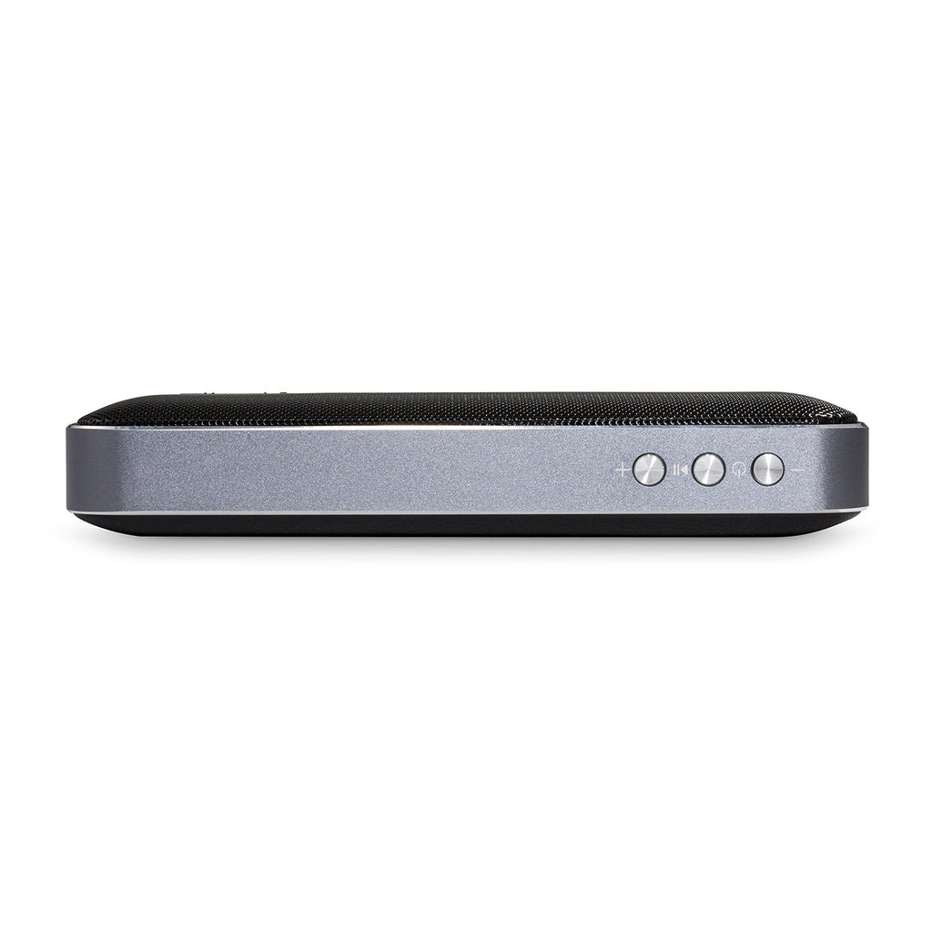 Portable wireless speaker and powerbank in onyx black brushed aluminium and soft vegan leather finish — view 5
