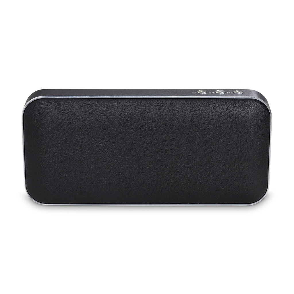 Portable wireless speaker and powerbank in onyx black brushed aluminium and soft vegan leather finish — view 3