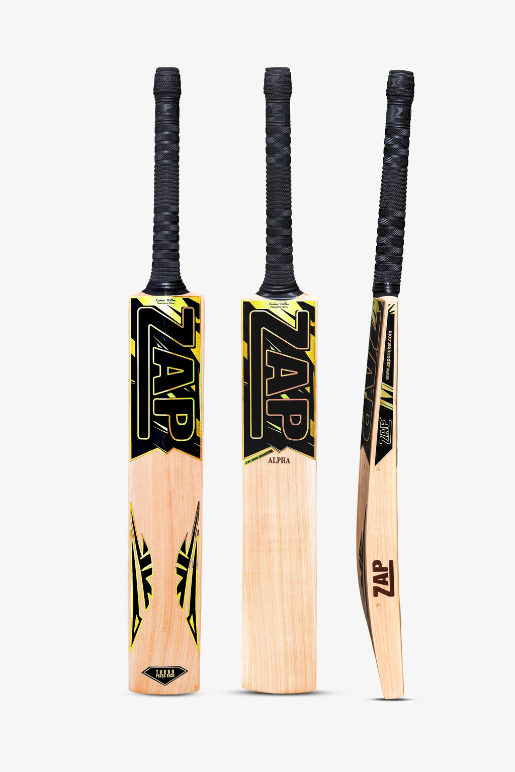 ZAP Alpha V2 premium Kashmir willow cricket bat with a sleek pro grade finish and flat toe