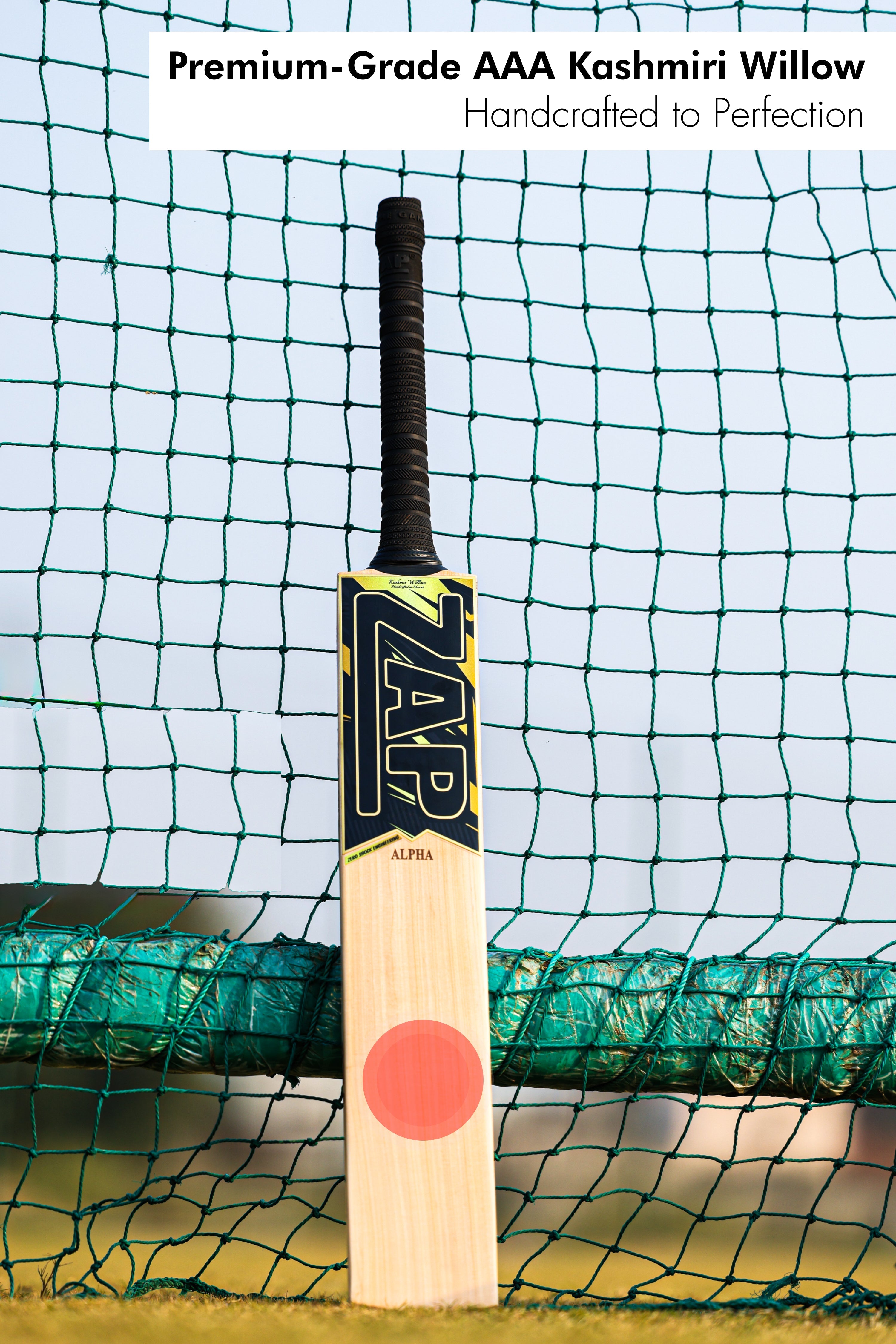 ZAP Alpha V2 premium Kashmir willow cricket bat with a sleek pro grade finish and flat toe — view 3