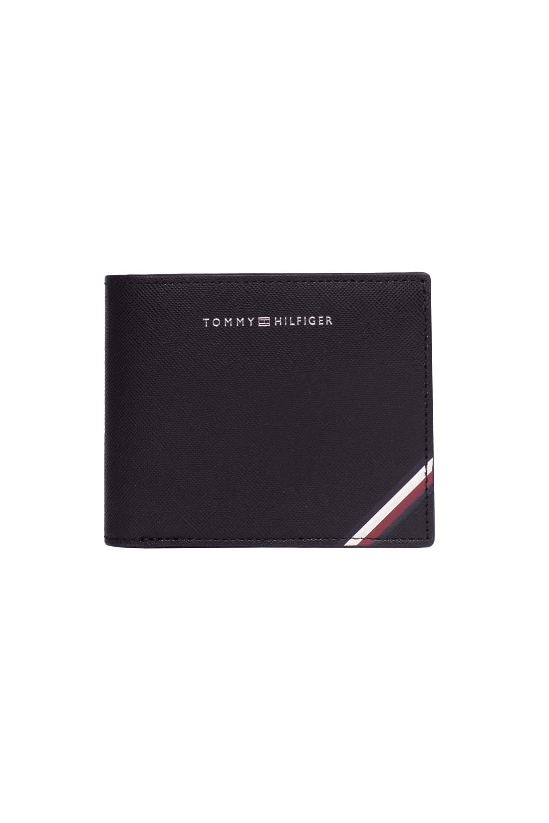 Men's black leather trifold wallet with knurled finish, card slots, and embossed logo detail — view 4