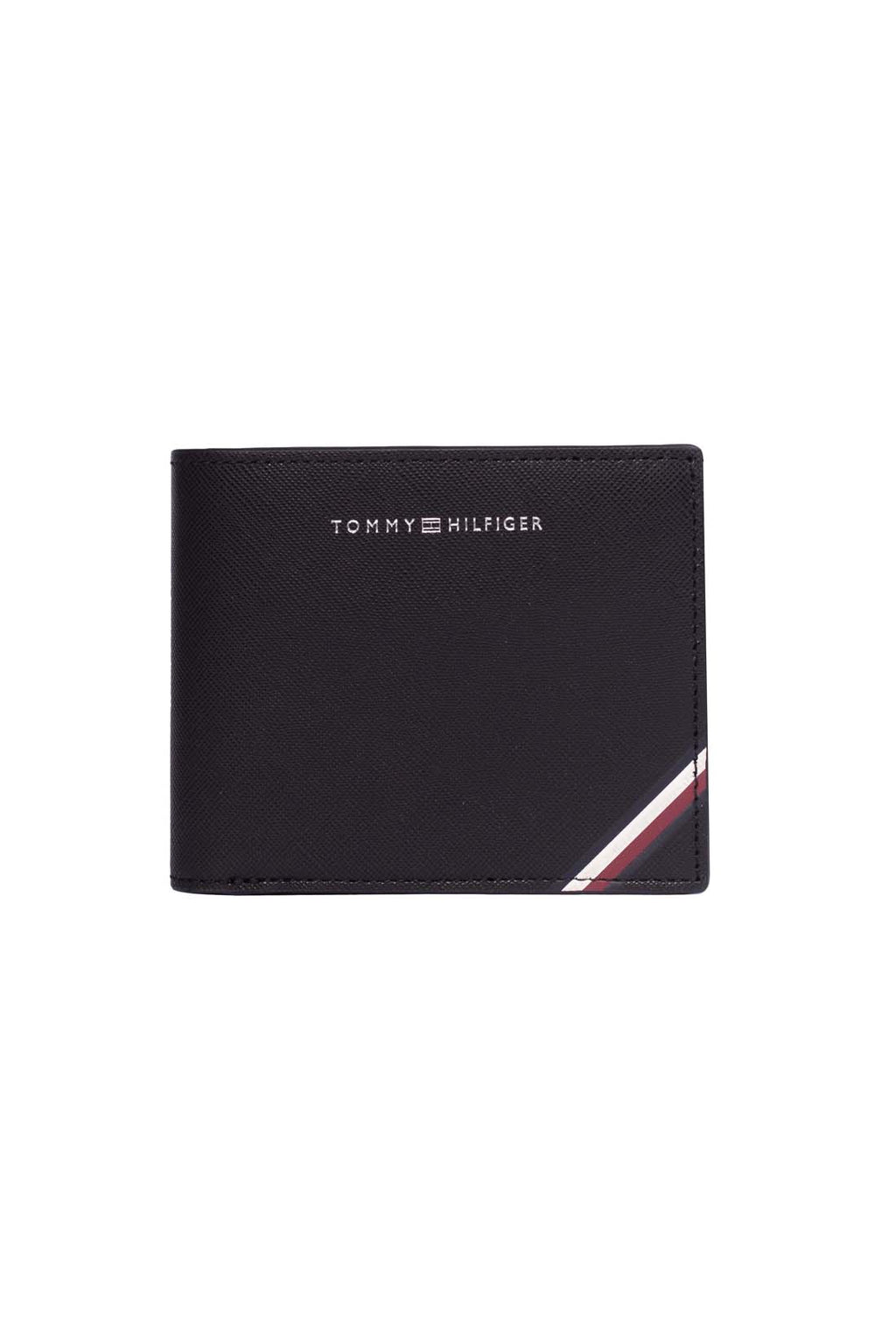 Men's black leather trifold wallet with knurled finish, card slots, and embossed logo detail — view 8