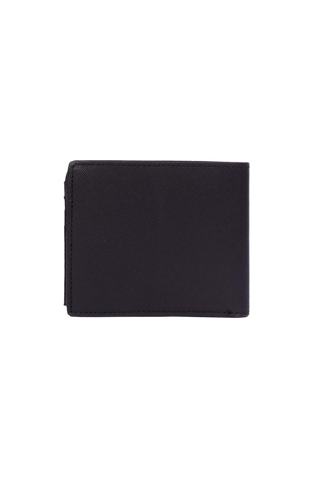 Men's black leather trifold wallet with knurled finish, card slots, and embossed logo detail — view 3