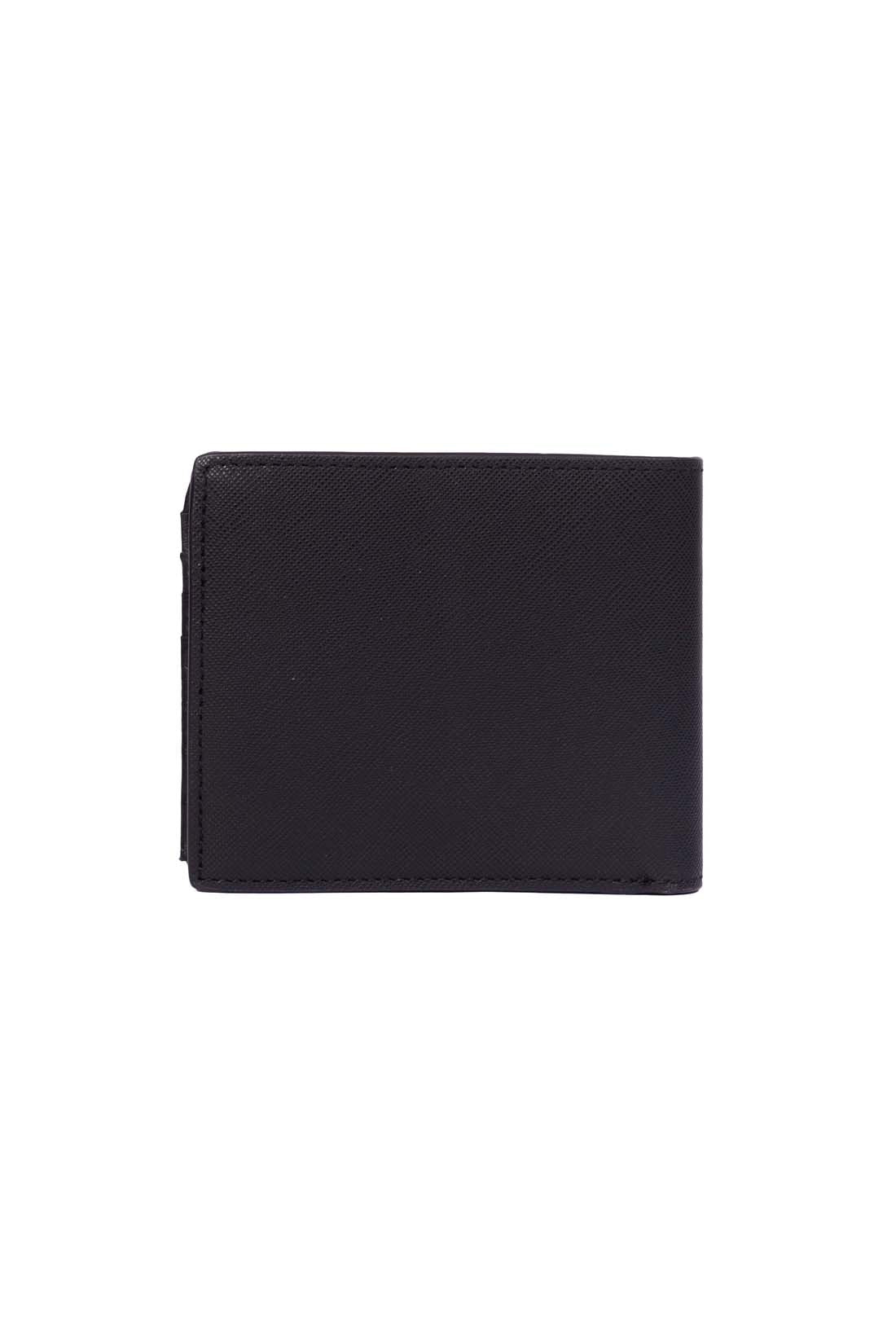 Men's black leather trifold wallet with knurled finish, card slots, and embossed logo detail — view 7