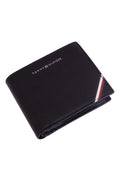 Men's black leather trifold wallet with knurled finish, card slots, and embossed logo detail