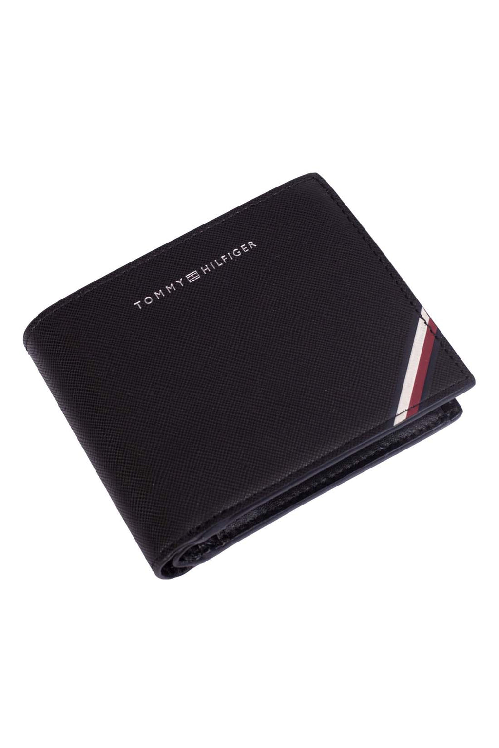 Men's black leather trifold wallet with knurled finish, card slots, and embossed logo detail — view 5