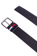 Black genuine cowhide men's leather belt with saffiano finish and satin metal square buckle