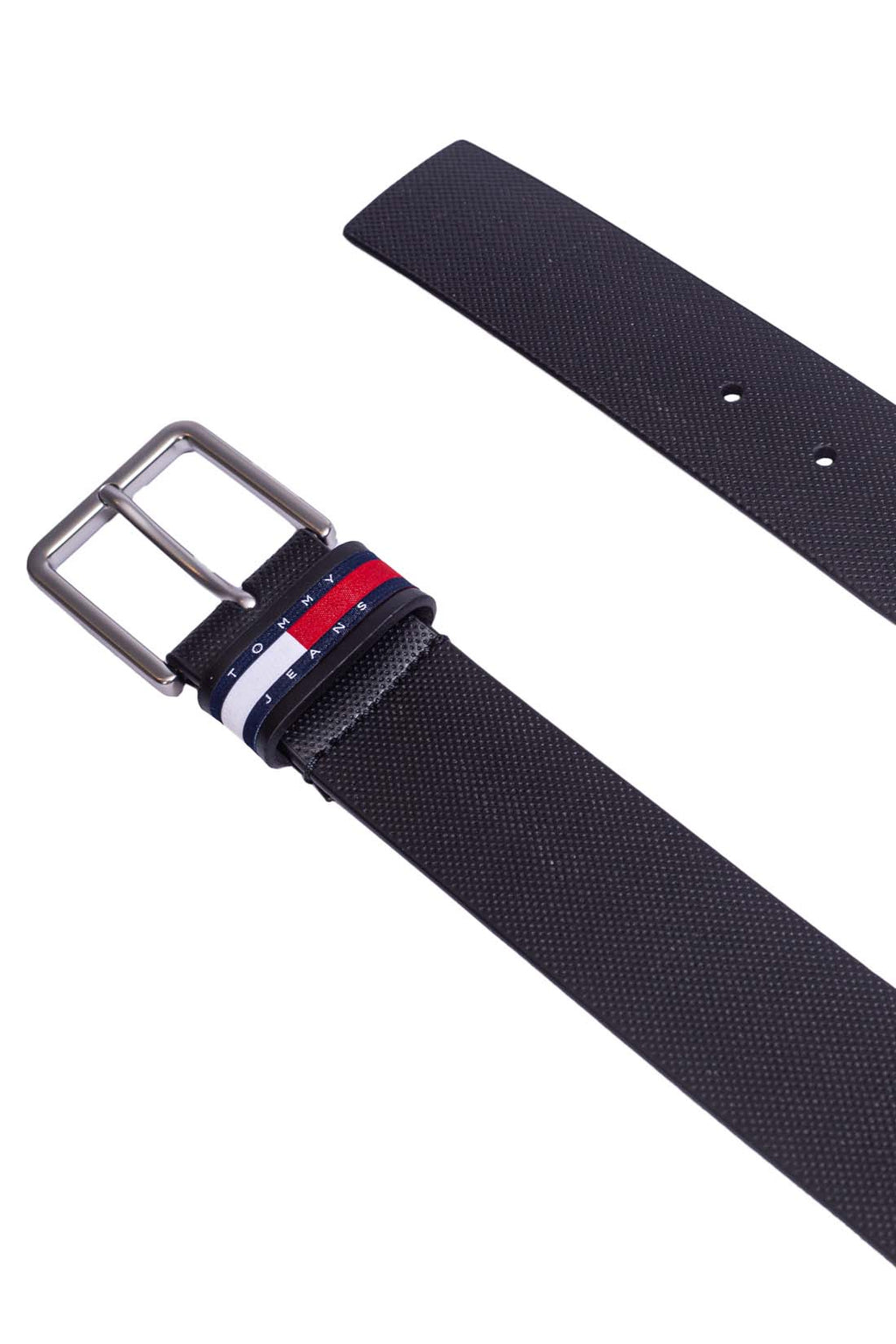 Men's black genuine cowhide leather belt with saffiano finish and square satin metal buckle — view 7