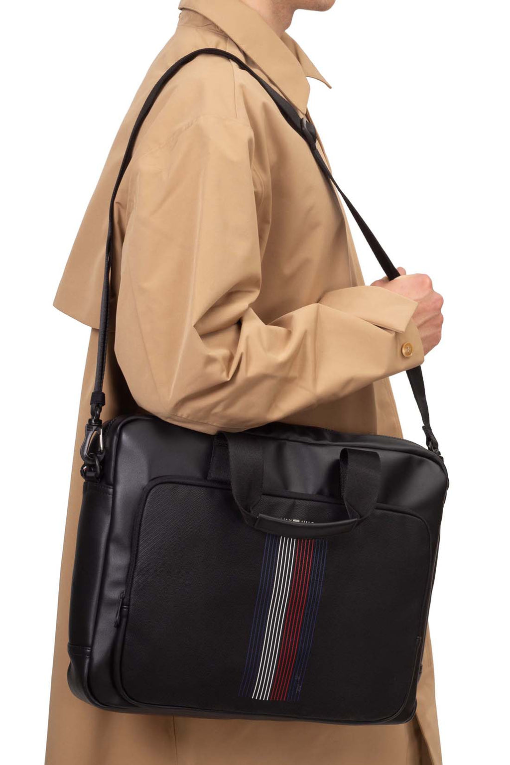 Men's black faux leather laptop bag with double handles, shoulder strap, and front zip pocket — view 5