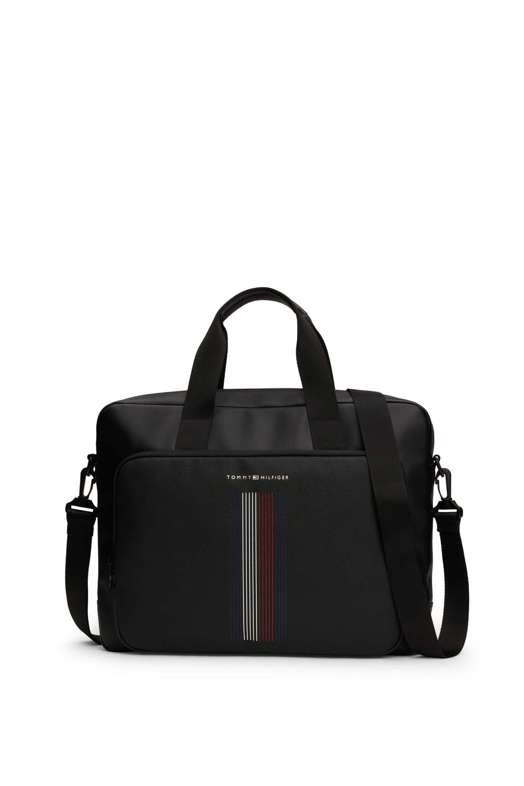 Men's black faux leather laptop bag with double handles, shoulder strap, and front zip pocket — view 6