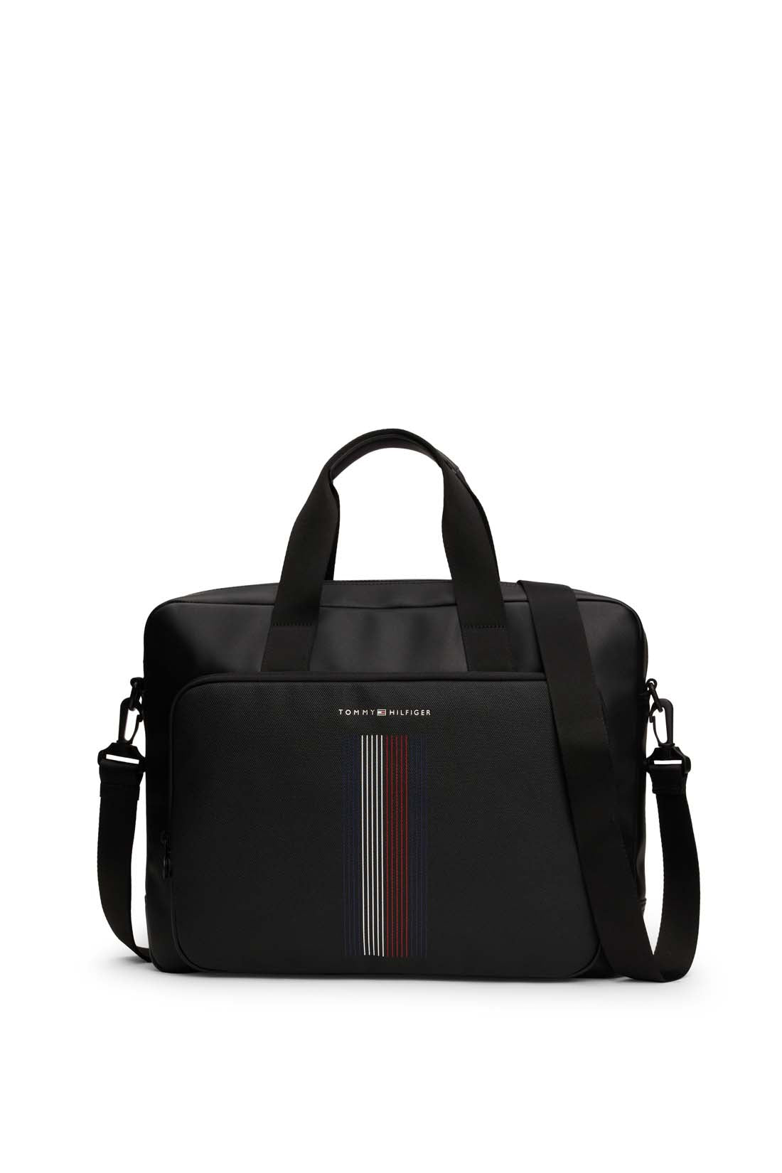 Men's black faux leather laptop bag with double handles, shoulder strap, and front zip pocket — view 6