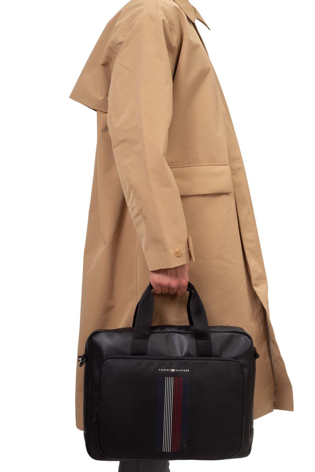 Men's black faux leather laptop bag with double handles, shoulder strap, and front zip pocket — view 4