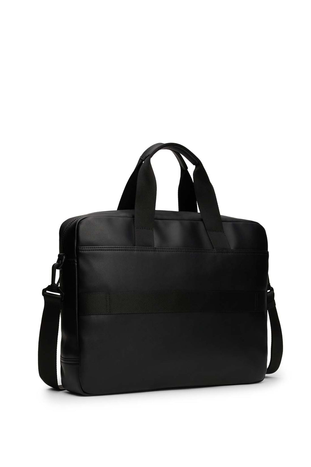Men's black faux leather laptop bag with double handles, shoulder strap, and front zip pocket — view 3