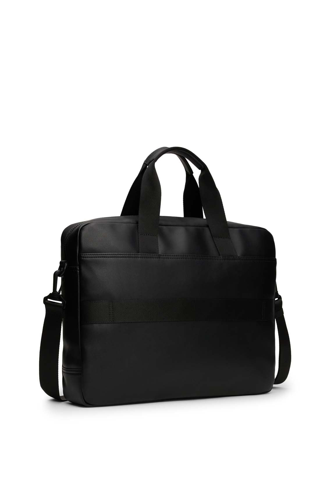 Men's black faux leather laptop bag with double handles, shoulder strap, and front zip pocket — view 3