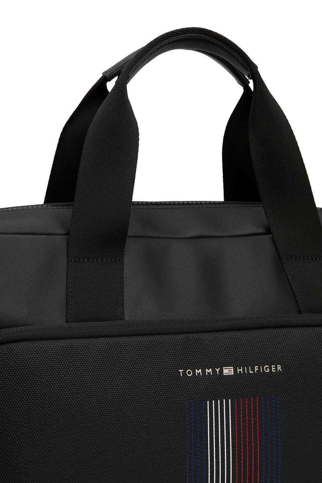 Men's black faux leather laptop bag with double handles, shoulder strap, and front zip pocket — view 2