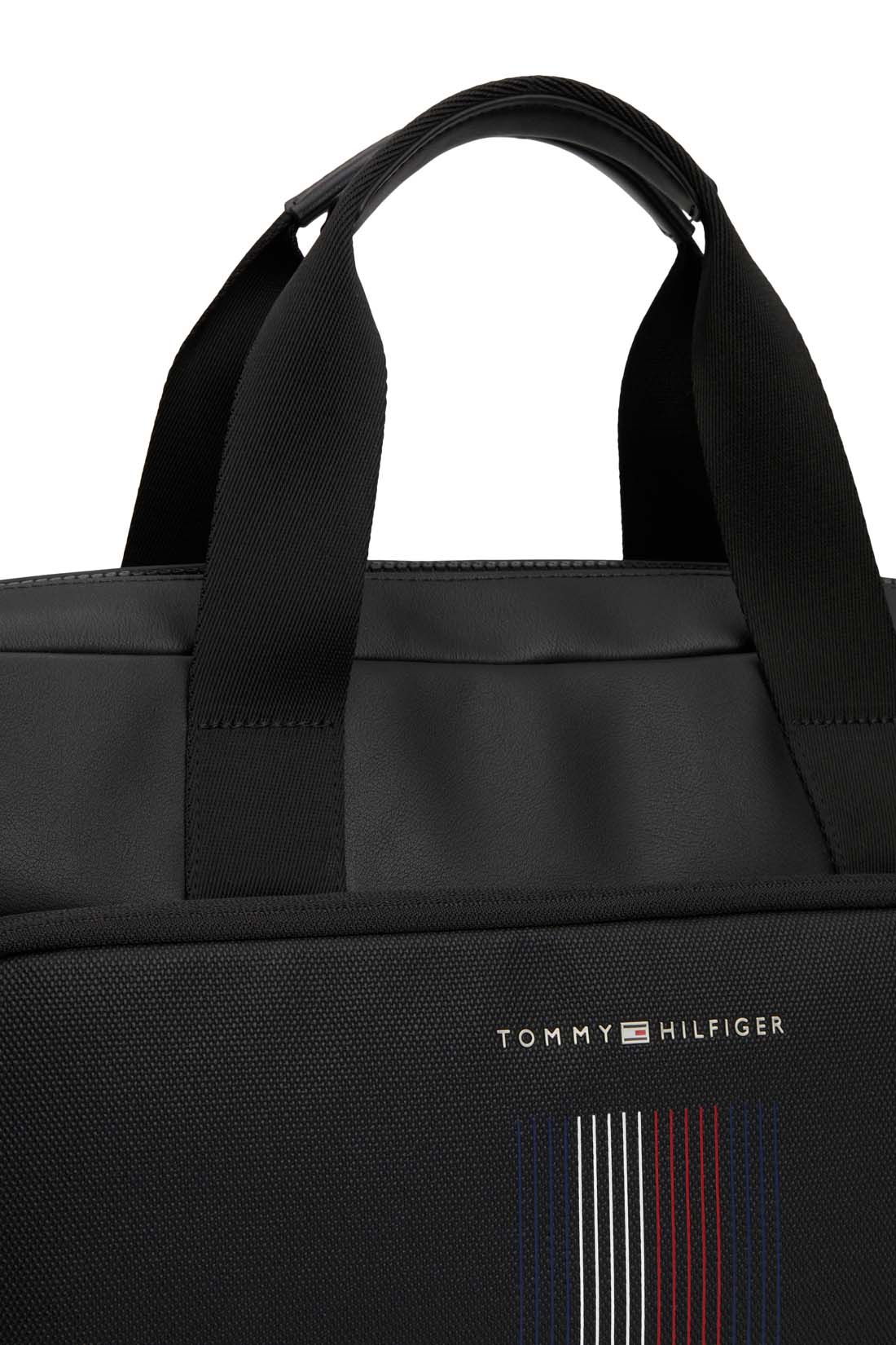 Men's black faux leather laptop bag with double handles, shoulder strap, and front zip pocket — view 2