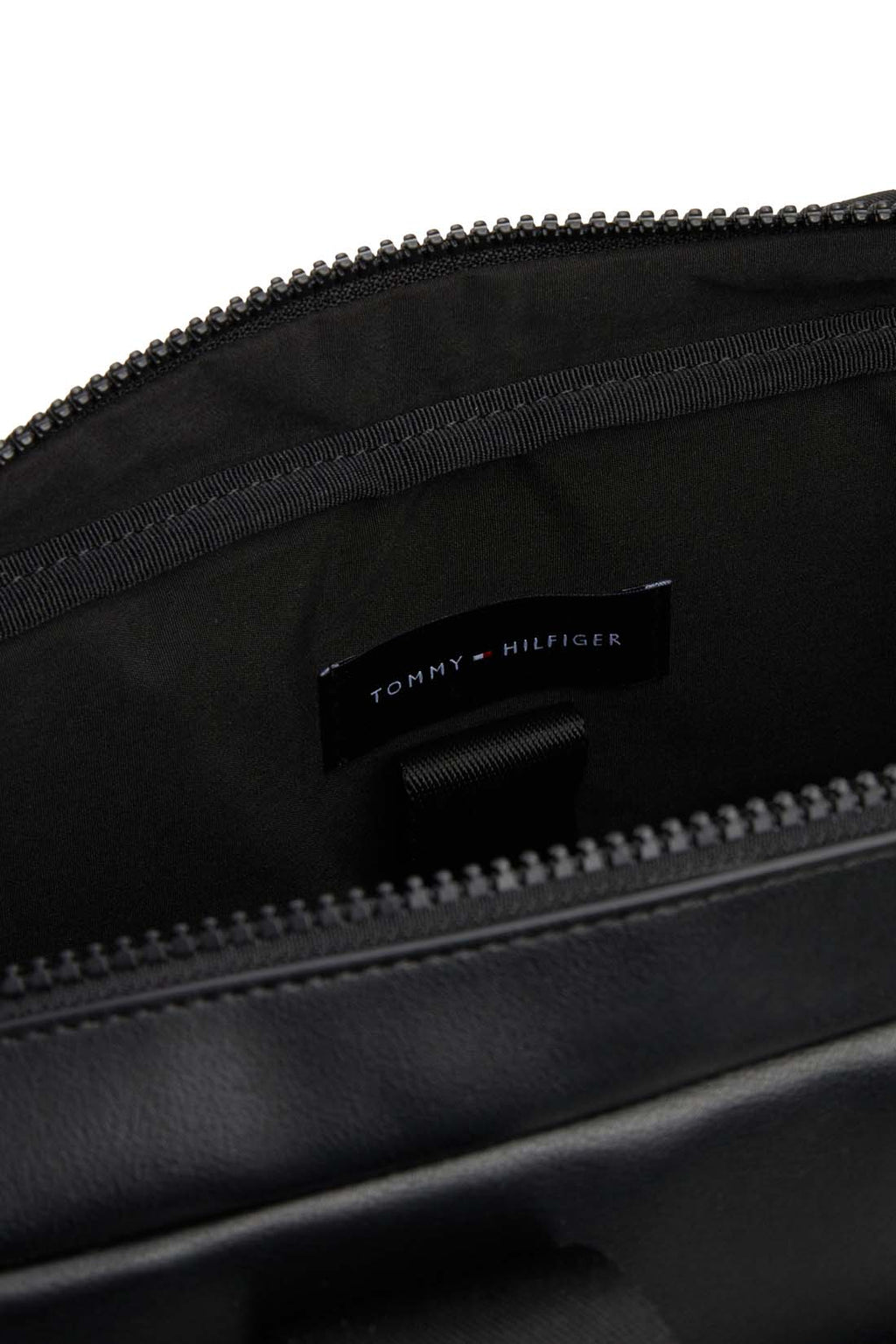 Men's black faux leather laptop bag with double handles, shoulder strap, and front zip pocket