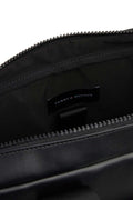 Men's black faux leather laptop bag with double handles, shoulder strap, and front zip pocket