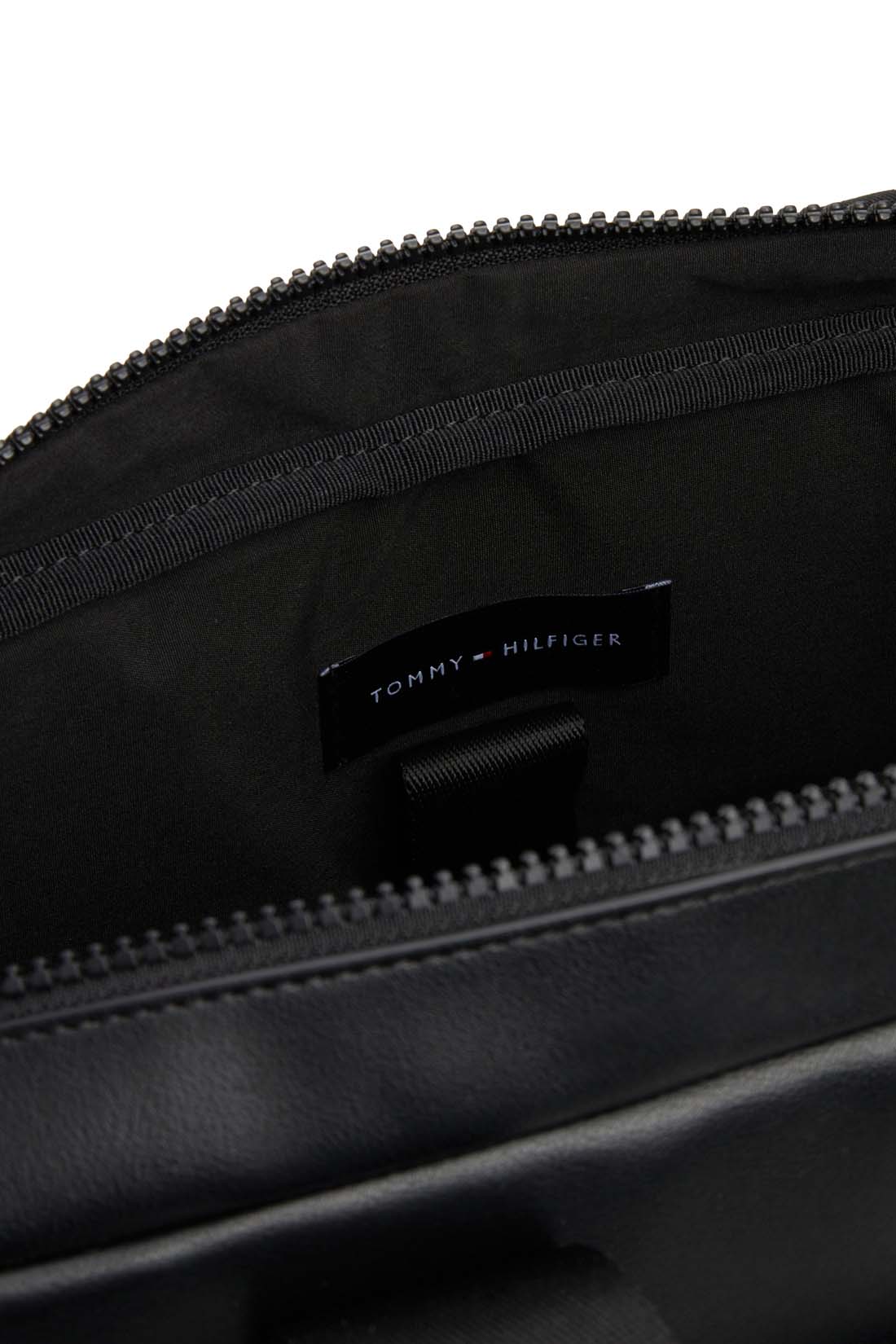 Men's black faux leather laptop bag with double handles, shoulder strap, and front zip pocket — view 7
