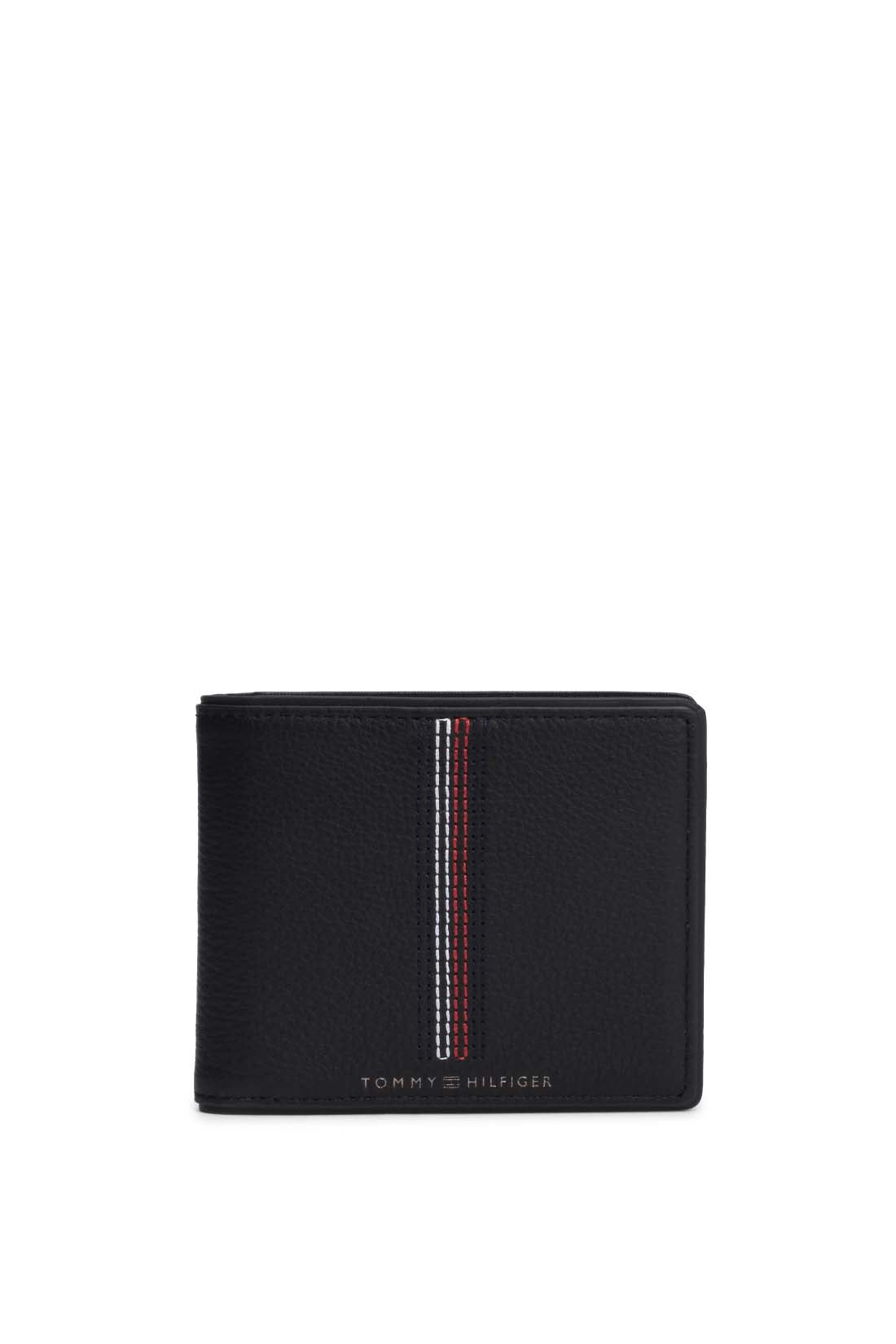 Men's navy blue hammered leather bifold wallet with iconic stitching and front logo — view 4