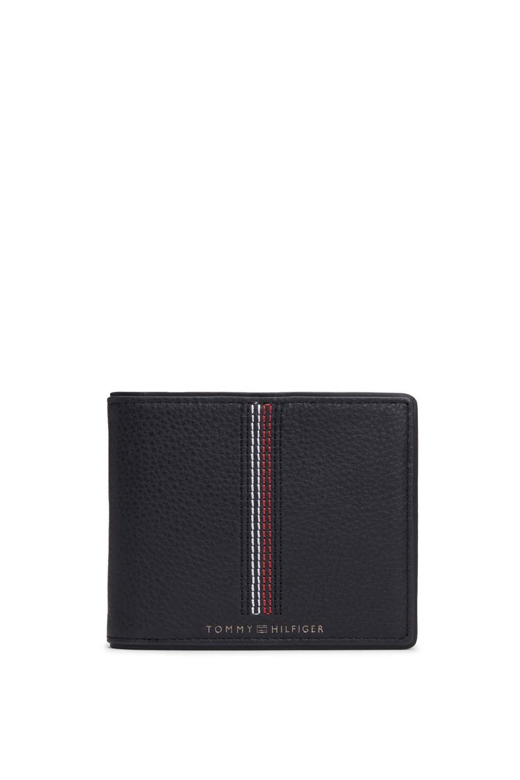 Men's navy blue hammered leather bifold wallet with iconic stitching and front logo — view 8
