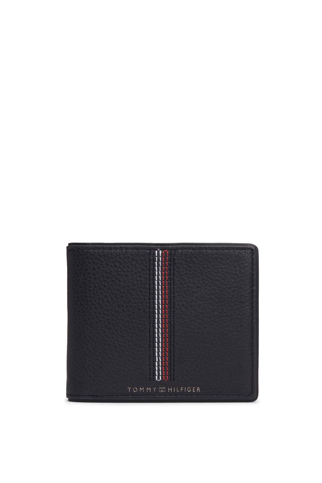 Men's navy blue hammered leather bifold wallet with iconic stitching and front logo — view 8