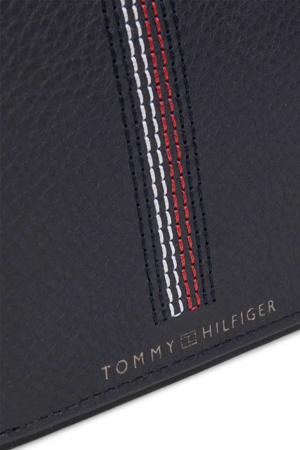 Men's navy blue hammered leather bifold wallet with iconic stitching and front logo — view 5