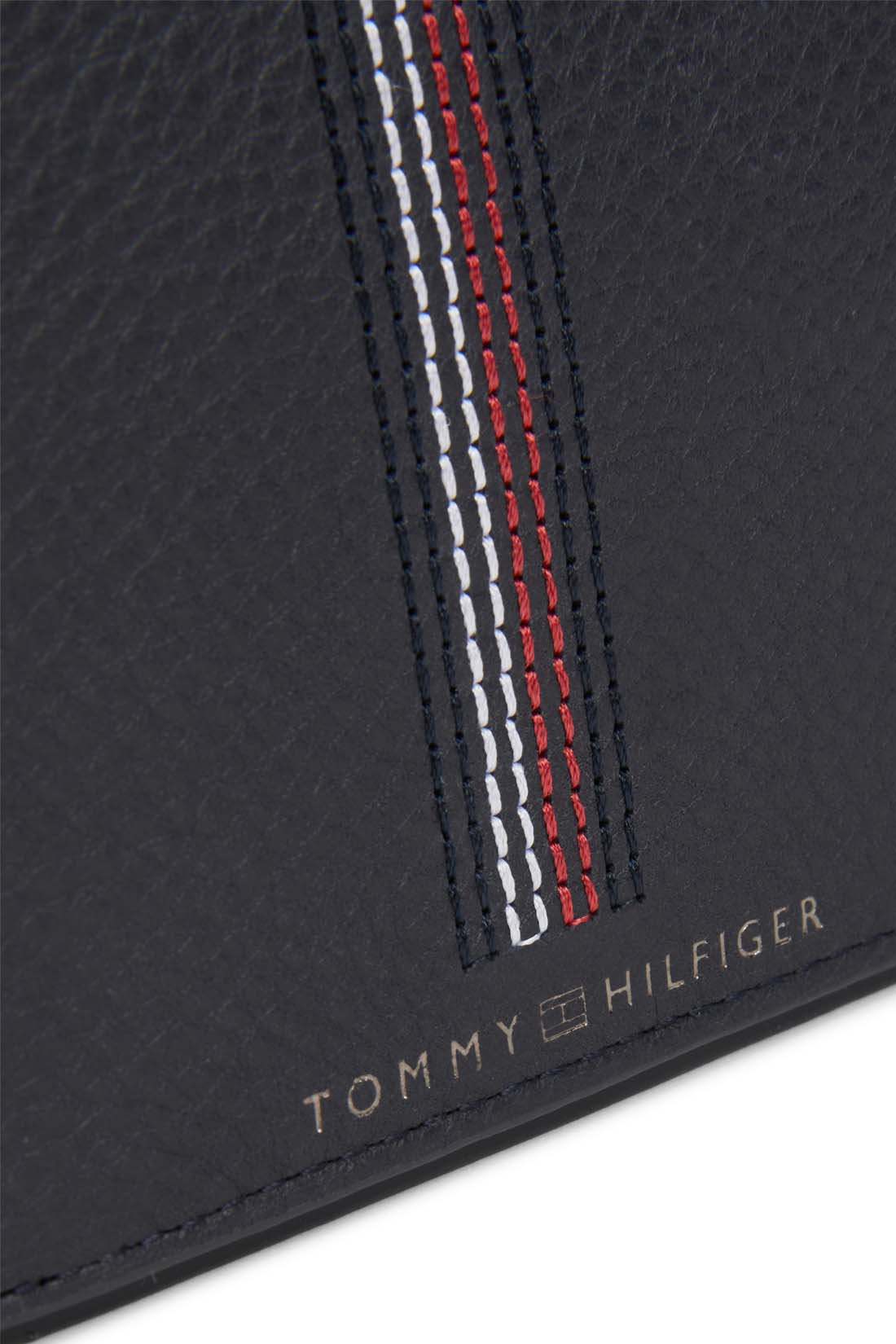 Men's navy blue hammered leather bifold wallet with iconic stitching and front logo — view 5