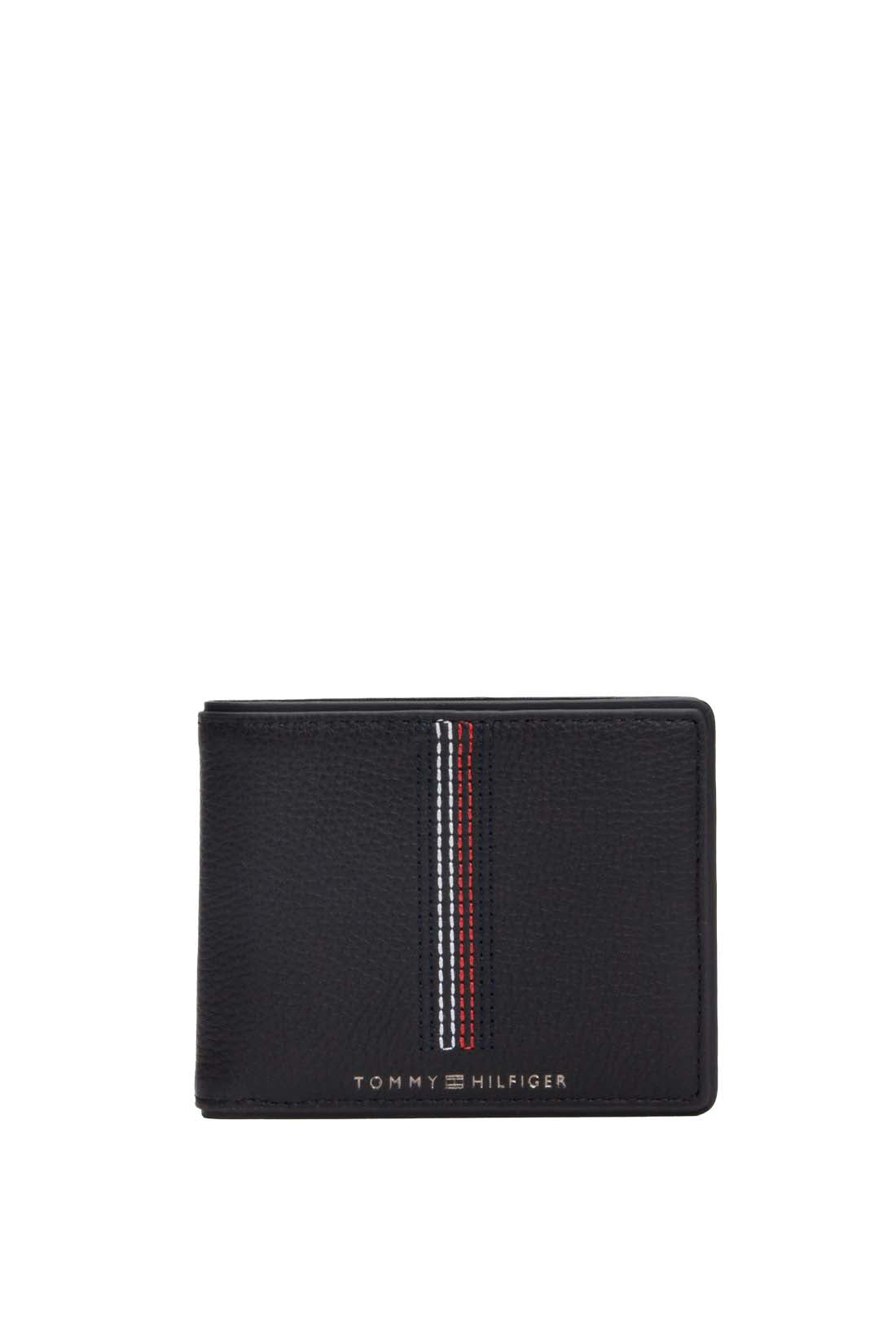 Navy blue hammered leather men's bifold wallet with iconic Tommy Hilfiger stitching and embossed logo — view 4