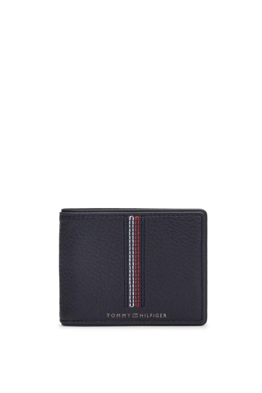 Navy blue hammered leather men's bifold wallet with iconic Tommy Hilfiger stitching and embossed logo — view 12