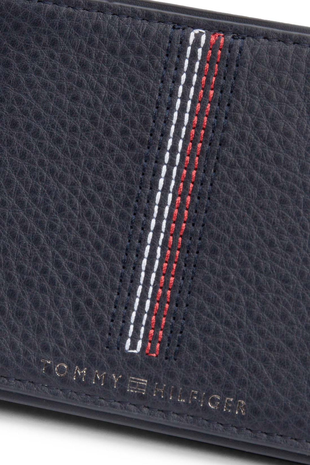 Navy blue hammered leather men's bifold wallet with iconic Tommy Hilfiger stitching and embossed logo — view 9