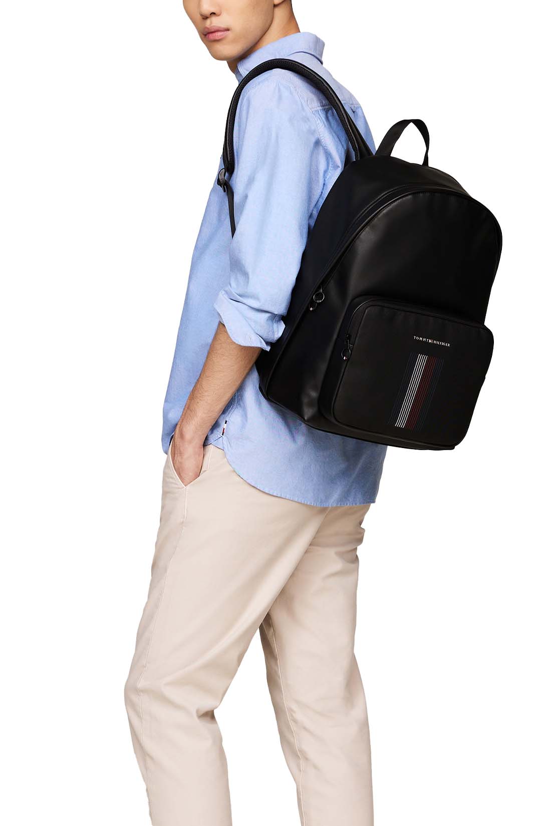 Black faux-leather men's backpack with double zip fastening, padded shoulder straps, and front logo detail. — view 9