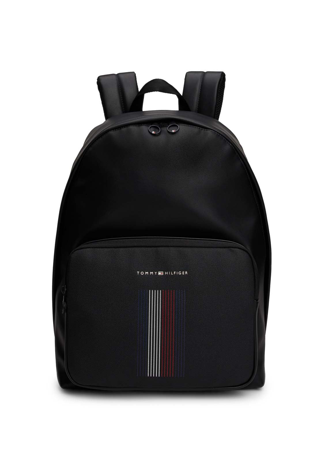 Black faux-leather men's backpack with double zip fastening, padded shoulder straps, and front logo detail. — view 10