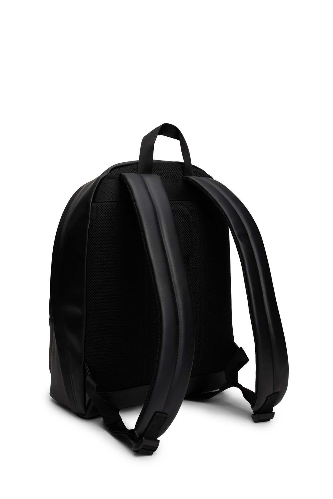 Black faux-leather men's backpack with double zip fastening, padded shoulder straps, and front logo detail. — view 3